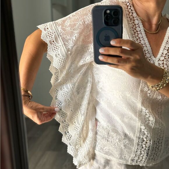 Candies Women Blouse Kimono Embroidered Lace Stretch Beige Ivory size small - Picture 2 of 6